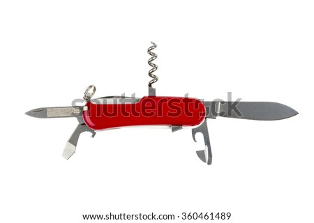Multipurpose knife isolated on white with all neccessary tools all in one Royalty-Free Stock Photo #360461489