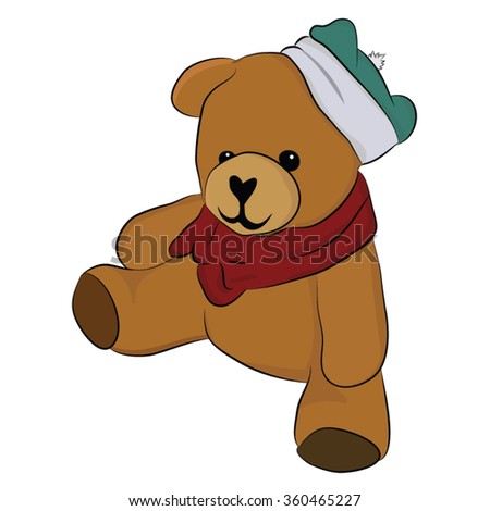 Cute and happy teddy bear with red scarf for new years or valentines - illustrated vector image on white background