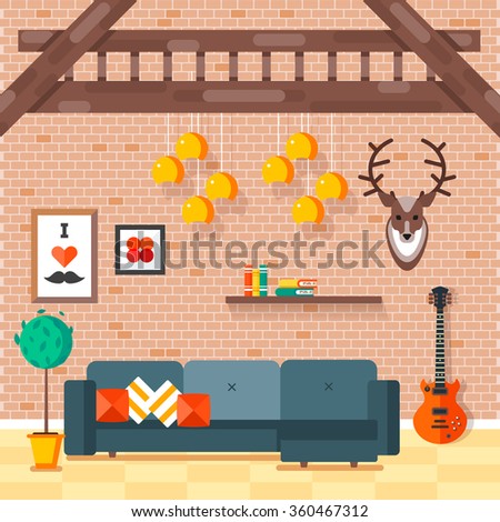 Cozy comfortable modern loft living room with convenient sofa and decorative pillows, hipster styled red guitar, books on a shelve, and deer head on a brick wall. Vector illustration.