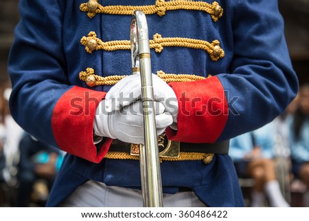 Details of a military orchestra uniform. Picture taken during a military parade in Quito, Ecuador.