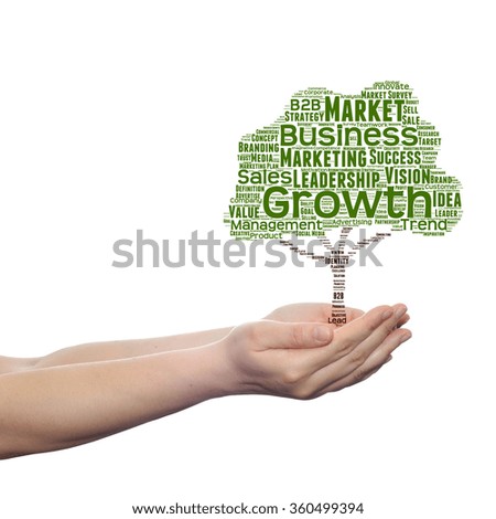 Concept or conceptual green tree business or marketing word cloud tagcloud in man or woman hand isolated on white background