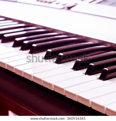 Piano keyboard. Music instrument. Black and white key. Play sound, chord, melody. Classical, musical art. Jazz performance, entertainment. Musician background. Classic note harmony.
