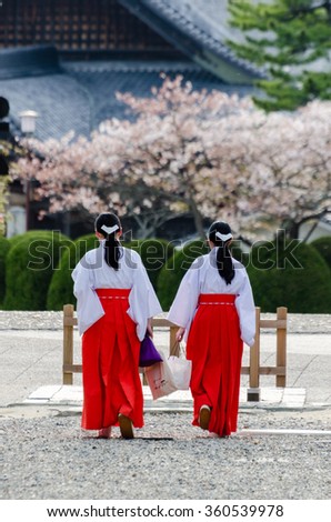 Two women monks walk around Izumo Taisha temple's gardens , Shimane Prefecture, Japan. Royalty-Free Stock Photo #360539978