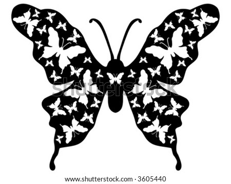 Vector Butterflies fluttering around on a larger butterfly created in black and white..