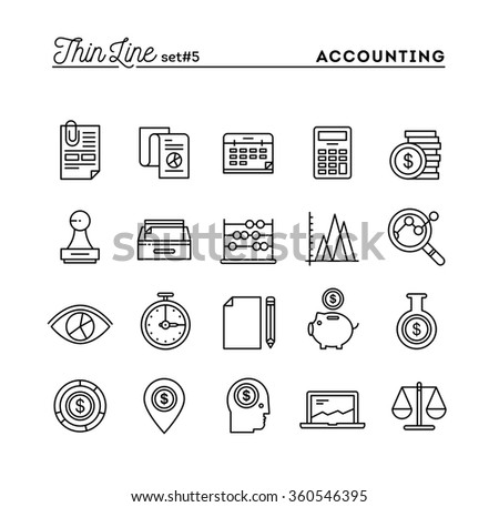 Accounting, business statistics, time, money management and more, thin line icons set, vector illustration