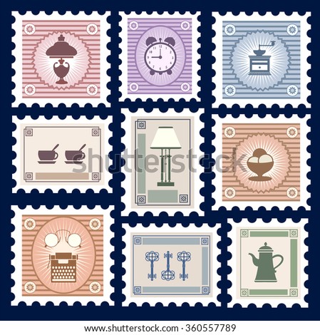 Retro postage stamps on the theme of  homes Things