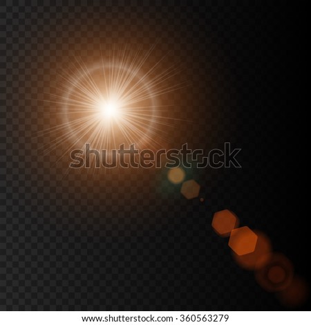 Summer sun lens flare with realistic light, lens flare lights and lens flare glow on black background, star lens flares. Vector illustration eps10 Royalty-Free Stock Photo #360563279