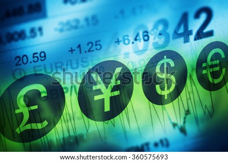 Forex Currency Trading Concept. Financial Markets and Global Economy Concept. United Kingdon Pund, European Euro, American Dollar and Japanese Yen Currency Royalty-Free Stock Photo #360575693