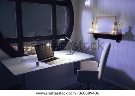 Laptop and lamp on white table in modern room with night city view 3D Render