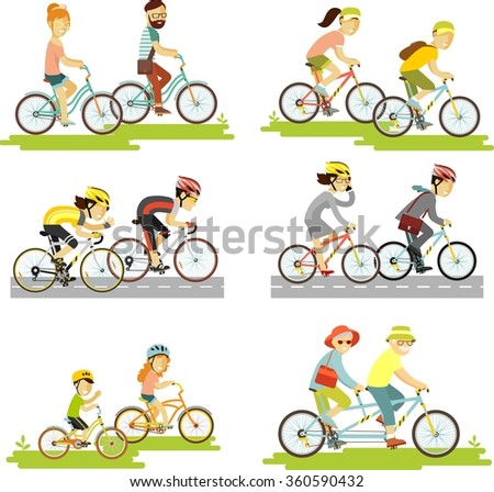 Set of bicycle rider couple in flat style. Cyclist man, woman, children, hipster, older, racing cyclist on bike and tandem