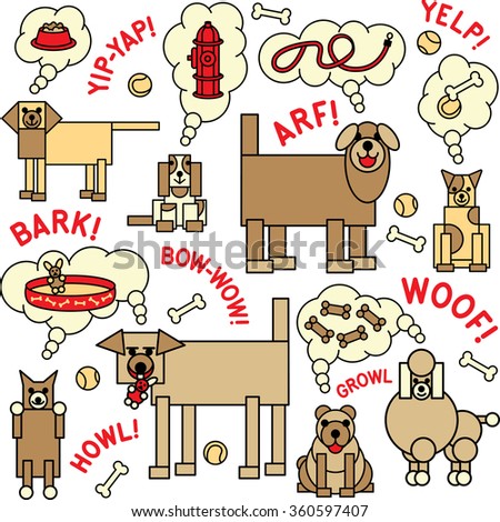 What Dogs Think and Say illustration of dogs and what they say and think about. Will also repeat seamlessly.