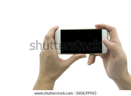 Female Hand holding smart phone isolated over white background - mockup template