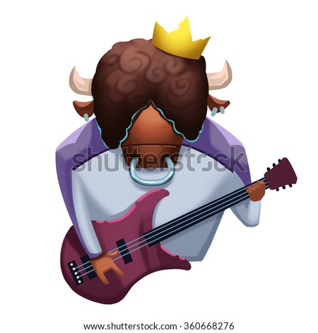 Illustration: Rock Bull with Electric Guitar. Realistic Fantastic Cartoon Style Artwork, Story Character, Wallpaper, Wish Card Design
