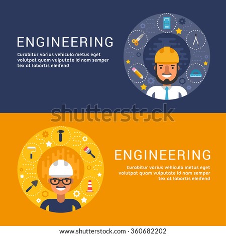 Set of Vector Illustrations in Flat Design Style. Building Icons and Objects in the Shape of Circle. Engineer Cartoon Character