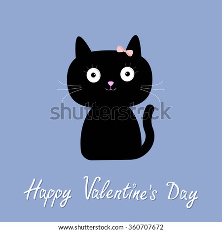 Cute cartoon cat girl with bow. Flat design style. Happy Valentines day card. Rose quartz serenity color background. Vector illustration