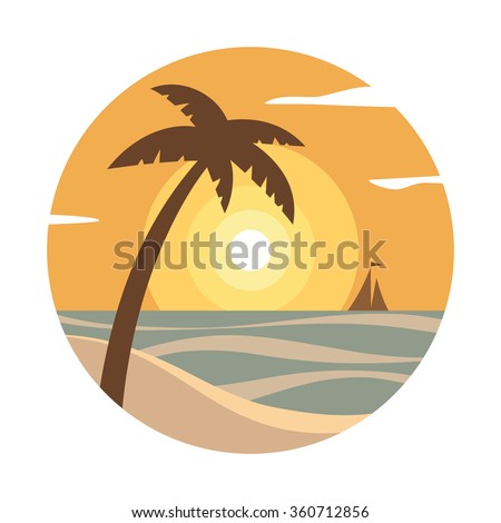 Sunset with palm tree and ship on the horizon.