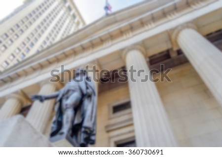 Defocused background of Federal Hall, New York City. Intentionally blurred post production for bokeh effect