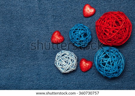 Romantic composition and space for text. Romantic love theme on jeans background.