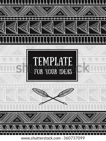 Vector card with crossed ethnic arrows and frame on the tribal ornamental background. Boho and hippie style. American indian motifs.