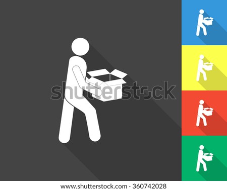 man with box icon - gray and colored (blue, yellow, red, green) vector illustration with long shadow