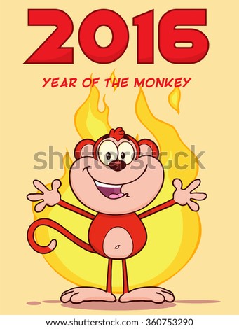 Happy Red Monkey Cartoon Character Welcoming Over Flames.Vector Illustration New Year Greeting Card