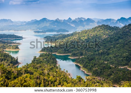 Birdeye view of Ratchaprapha dam Khao sok national park at suratthani,Thailand Royalty-Free Stock Photo #360753998
