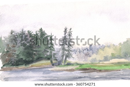 Watercolor landscape with lake. Hand painting. Illustration for greeting cards, invitations, and other printing projects.