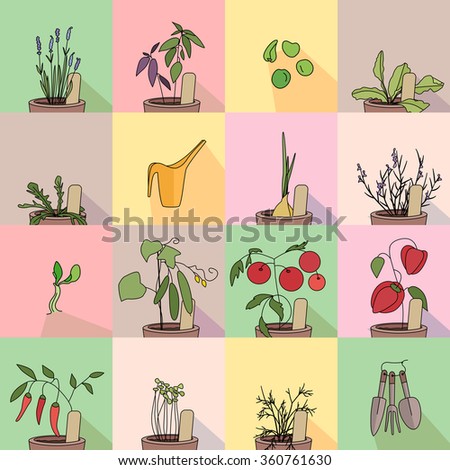 Seamless pattern with growing vegetables in pots. Endless texture for your design, greeting cards, announcements, posters.