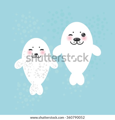 card design Funny white fur seal pups, cute winking seals with pink cheeks and big eyes. Kawaii animals on blue background. 