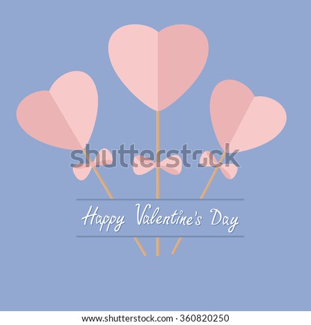 Three sticks with hearts and bows. Happy Valentines Day. Love card Flat design. Rose quartz serenity color. Vector illustration