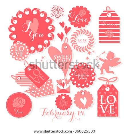  Valentines day and weeding design elements. Set of Valentines Day gift tags with  wishes.. Holiday printable badges and labels with love 