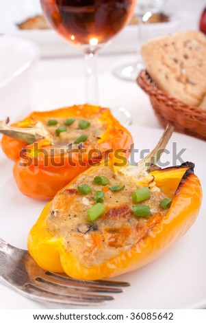 Bell Peppers Stuffed with Cheese and Mushrooms with Glass of Wine