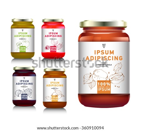 Glass jar with with jam, configure or honey. Vector illustration. Packaging collection. Label for jam. Bank realistic. Mock up  mason jar with design label or badges Royalty-Free Stock Photo #360910094