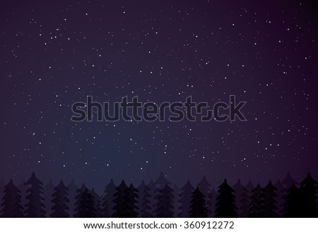 Night forest on dark starry background. Trees silhouettes on the star night background. Night forest. Fir trees, pine trees. Vector illustration.
