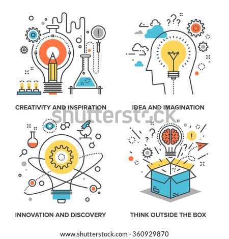 Vector set of conceptual flat line illustrations on following themes - creativity and inspiration, idea and imagination, innovation and discovery, think outside the box Royalty-Free Stock Photo #360929870