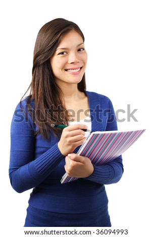 Woman university student writing in notebooks. Isolated on white background.