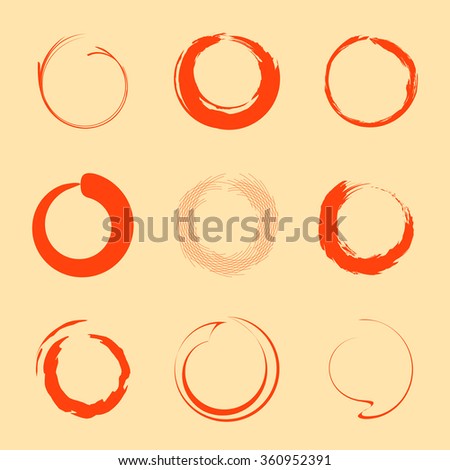 Abstract vector logo. Collection of vortex like circles.Set of round logotypes. Stylized natural disasters. Sunny vector symbols. Simple flat red logotypes. 