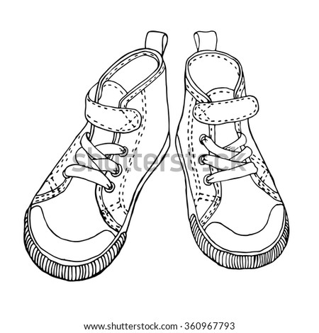 Vector illustration of hand drawn pair of kids shoes on white background. Design elements for decorating of cards, bags, covers, t-shirt.