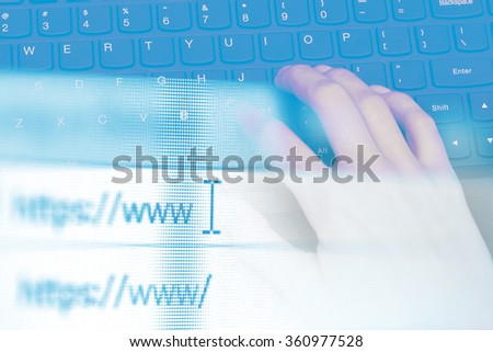 Double exposure, hands of an office woman typing. Shallow dof.