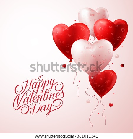 3D Realistic Red Heart Balloons Flying with Love Pattern and Happy Valentines Day Text Greetings in Background. Vector Illustration
