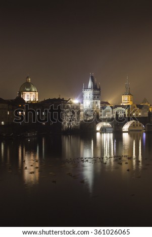 Prague Night Cityscape Photo with Vltava River and Charles Bridge Silhouette