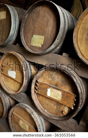 Close up of oak barrel in a French cellar