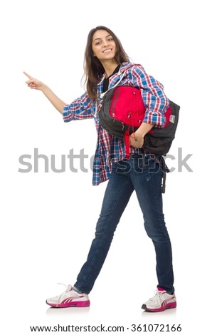 Student girl with backpack isolated on white