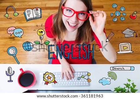 English concept with young woman wearing red glasses in her home office