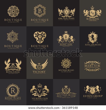 Luxury Logo set with Heraldic crests and Flourishes Calligraphic Monogram design for hotel,Spa,Restaurant,VIP,Fashion and Premium brand identity.