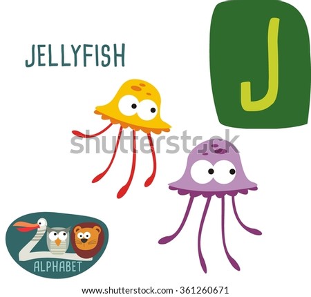 Cute Zoo alphabet in vector. J letter for jellyfish. funny cartoon animals. alphabet design in a colorful style