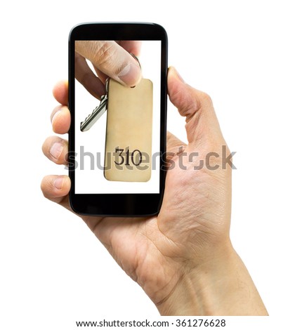 hand holding a smart phone with a picture of keys of hotel room over a white background
