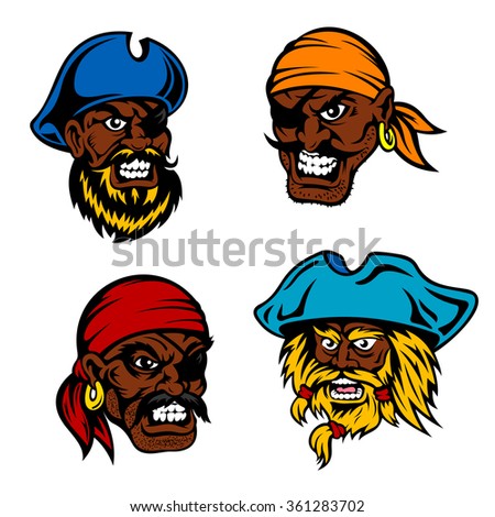 Angry and dangerous dark skinned cartoon marine pirates, captains and sailors with lush beards, moustaches, eye patches, bandanas and hats. Childish book, marine adventure and travel design usage  Royalty-Free Stock Photo #361283702
