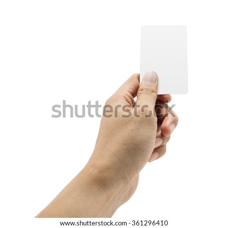 Hand showing blank card on white background.
