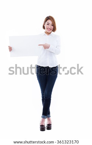 Asian woman showing banner isolated on white background.